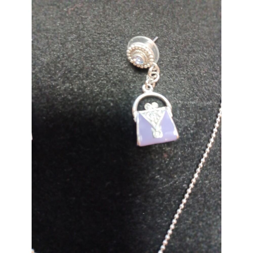 Purple Purse Charm Necklace Matching Earrings Bling Shopping Fun Pierced - Picture 5 of 6
